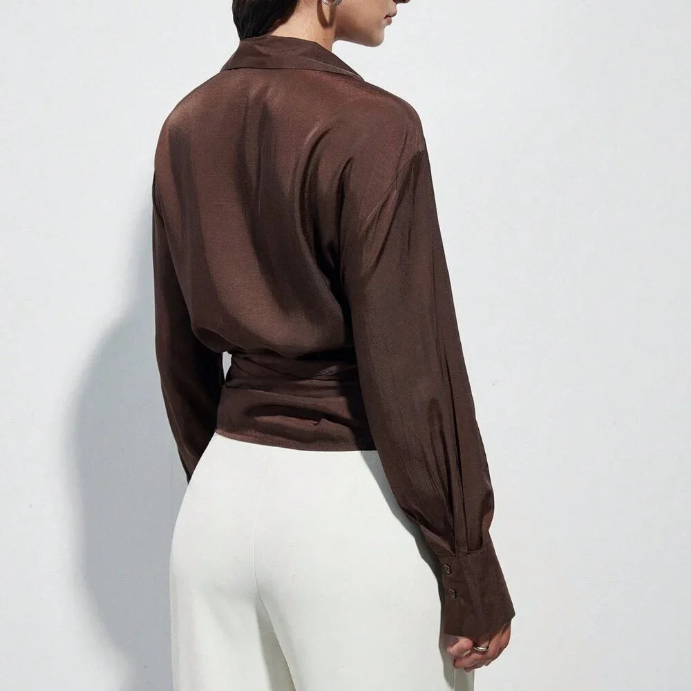 Brown Casual Women's French Criss-Cross Strap V-Neck Blouse